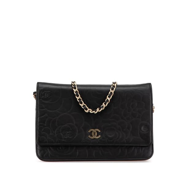 Pre-owned Chanel Lambskin Camellia Embossed Wallet On Chain Black
