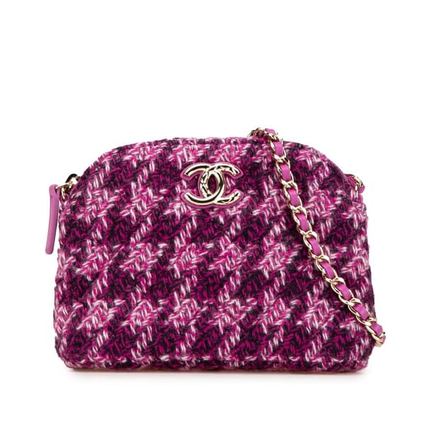 Pre-owned Chanel CC Tweed Houndstooth Clutch On Chain Pink