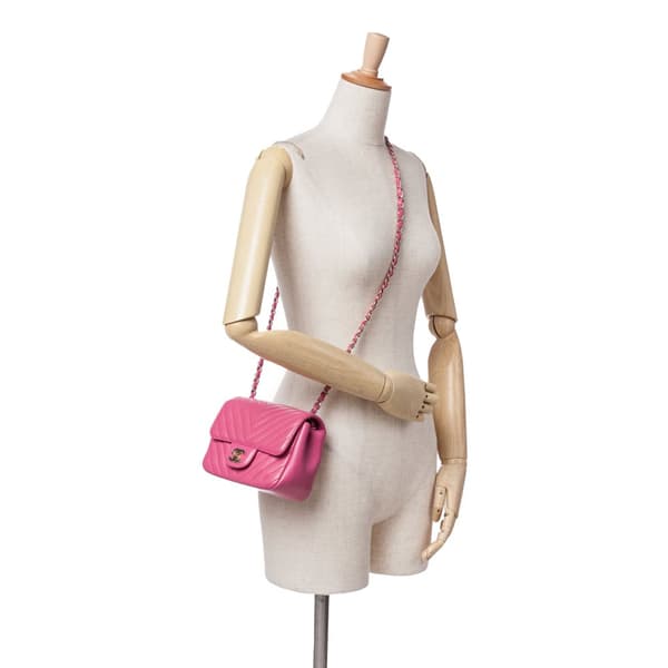 Pre-owned Chanel Mini Square Classic Chevron Lambskin Single Flap Pink