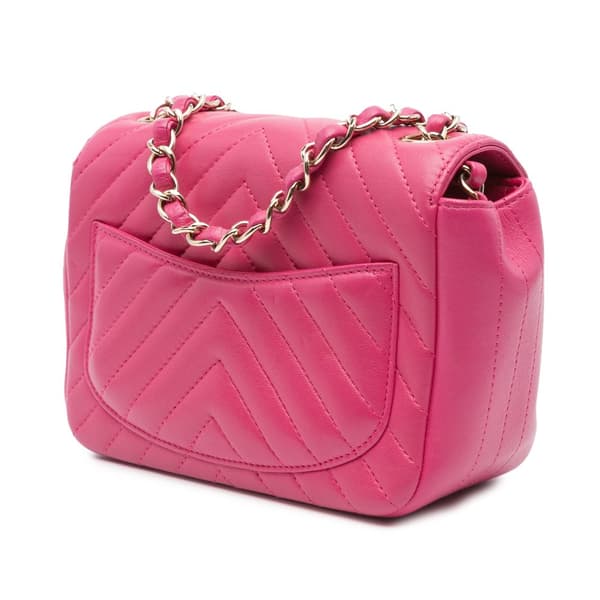 Pre-owned Chanel Mini Square Classic Chevron Lambskin Single Flap Pink