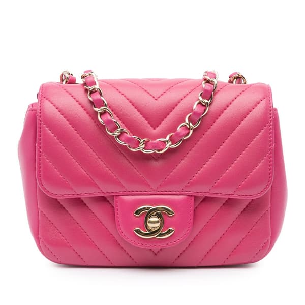 Pre-owned Chanel Mini Square Classic Chevron Lambskin Single Flap Pink