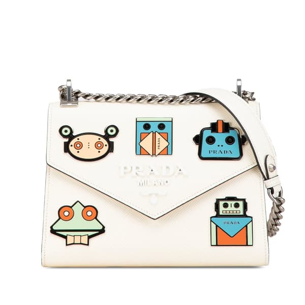 Pre-owned Prada Saffiano Cuir Monochrome Robot Patches Envelope Chain Flap White