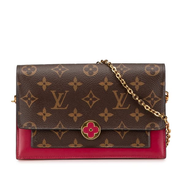Pre-owned Louis Vuitton Monogram Flore Wallet On Chain Brown