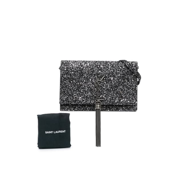 Pre-owned Saint Laurent Metallic Glitter Monogram Kate Tassel Chain Wallet Black