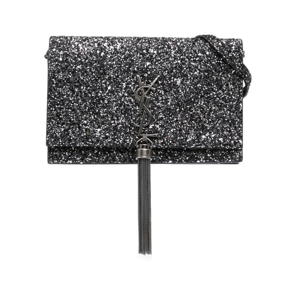 Pre-owned Saint Laurent Metallic Glitter Monogram Kate Tassel Chain Wallet Black