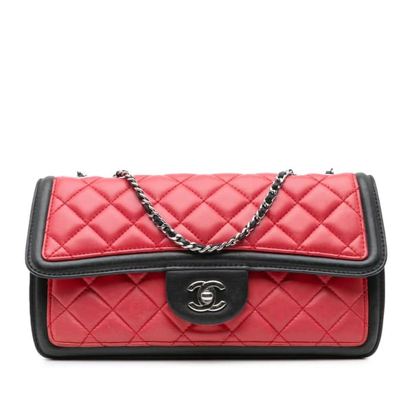 Pre-owned Chanel Medium Quilted Lambskin Grosgrain Two Tone Flap Red