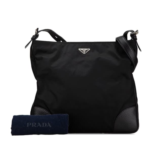 Pre-owned Prada Vitello Daino Trimmed Tessuto Zip Top Crossbody Black