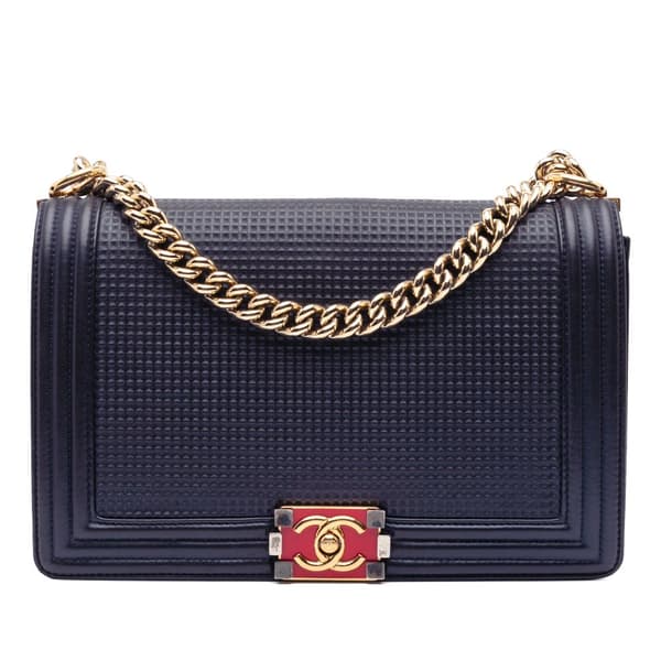 Pre-owned Chanel Medium Lambskin Embossed Cube Boy Flap Blue