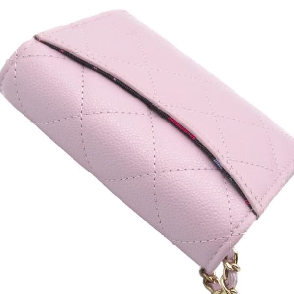 Pre-owned Chanel CC Quilted Caviar Flap Card Holder on Chain Pink