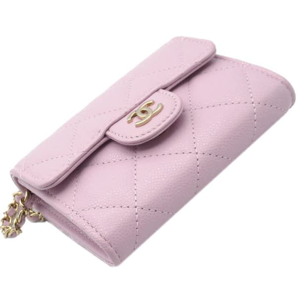 Pre-owned Chanel CC Quilted Caviar Flap Card Holder on Chain Pink