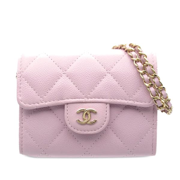 Pre-owned Chanel CC Quilted Caviar Flap Card Holder on Chain Pink