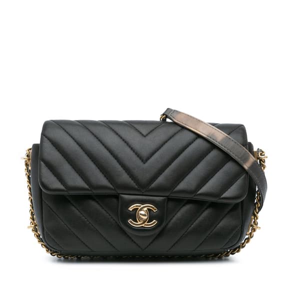 Pre-owned Chanel Mini Rectangular Chevron Lambskin Chain Around Flap Black