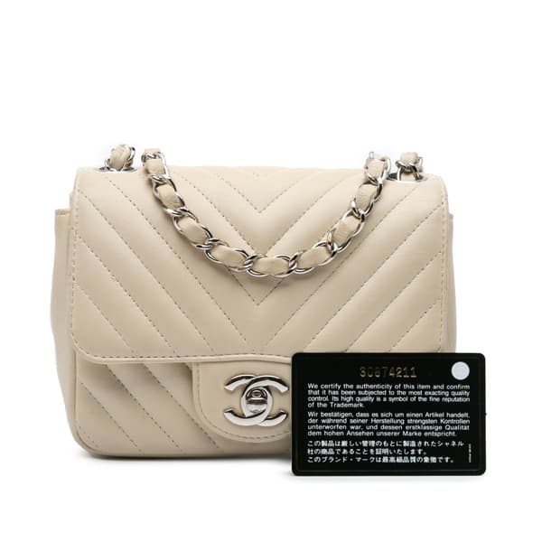 Pre-owned Chanel Mini Square Classic Chevron Lambskin Single Flap White