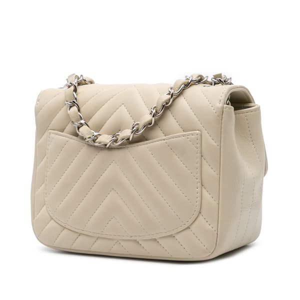 Pre-owned Chanel Mini Square Classic Chevron Lambskin Single Flap White