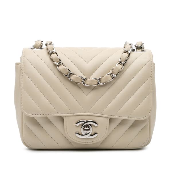Pre-owned Chanel Mini Square Classic Chevron Lambskin Single Flap White