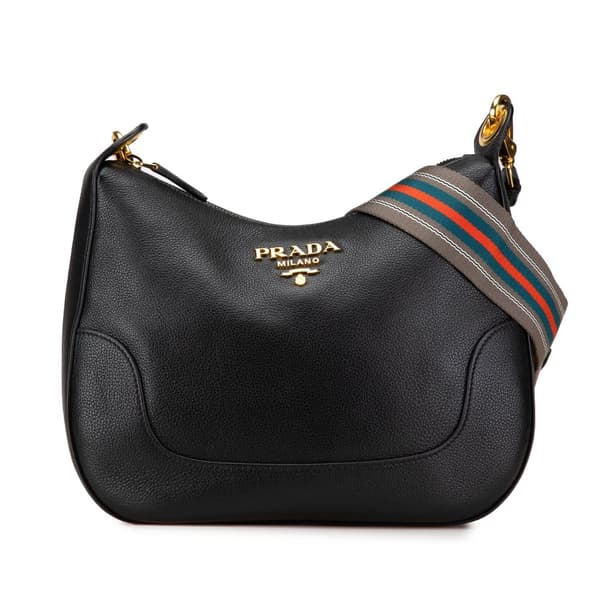 Pre-owned Prada Vitello Phenix Striped Strap Crossbody Black