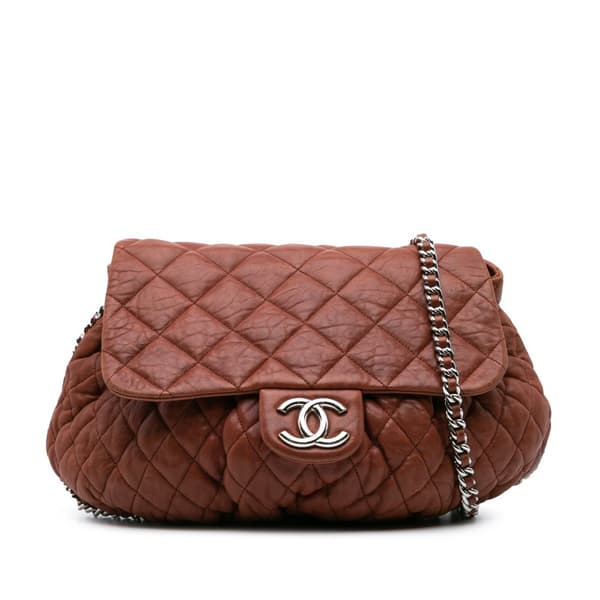 Pre-owned Chanel Large Quilted Lambskin Chain Around Flap Brown