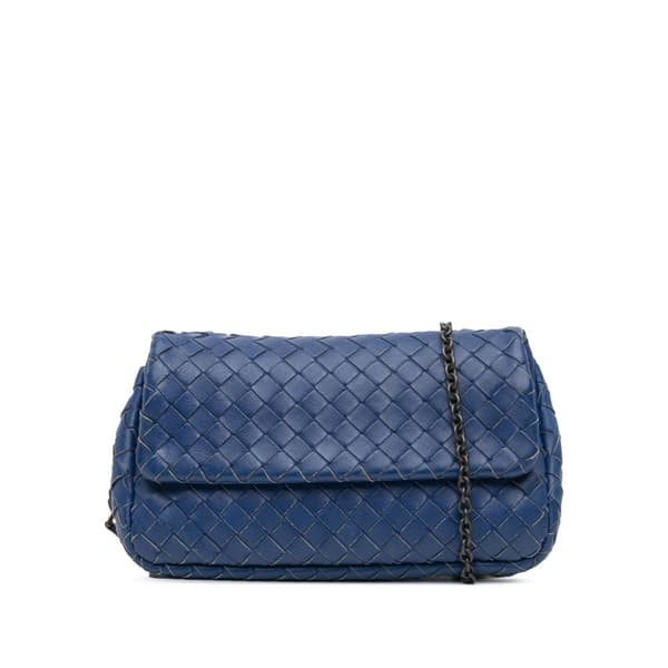 Pre-owned Bottega Veneta Intrecciato Chain Flap Crossbody Blue