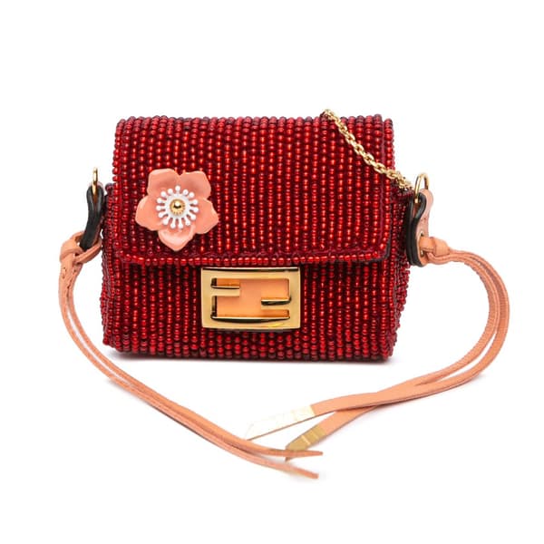 Pre-owned Fendi Pico Beaded Baguette Charm Bag Red