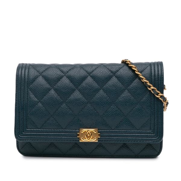 Pre-owned Chanel Quilted Caviar Boy Wallet on Chain Blue