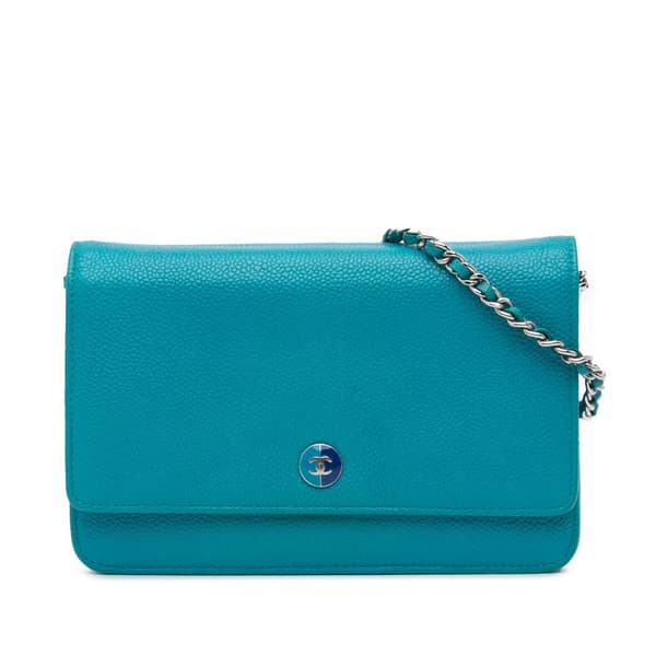 Pre-owned Chanel Caviar Bicolor CC Wallet On Chain Blue