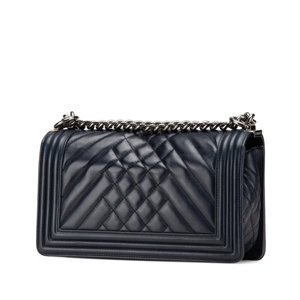 Pre-owned Chanel Old Medium Chevron and Diamond Quilted Lambskin Boy Flap Blue