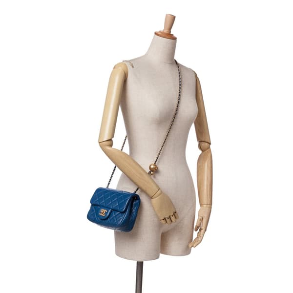 Pre-owned Chanel Mini Square Classic Lambskin Pearl Crush Single Flap Blue