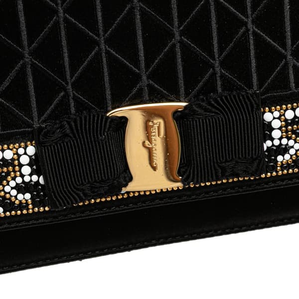 Pre-owned Ferragamo Medium Vara Embellished Satin Ginny Chain Crossbody Black