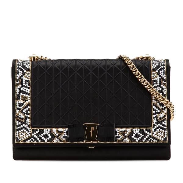 Pre-owned Ferragamo Medium Vara Embellished Satin Ginny Chain Crossbody Black