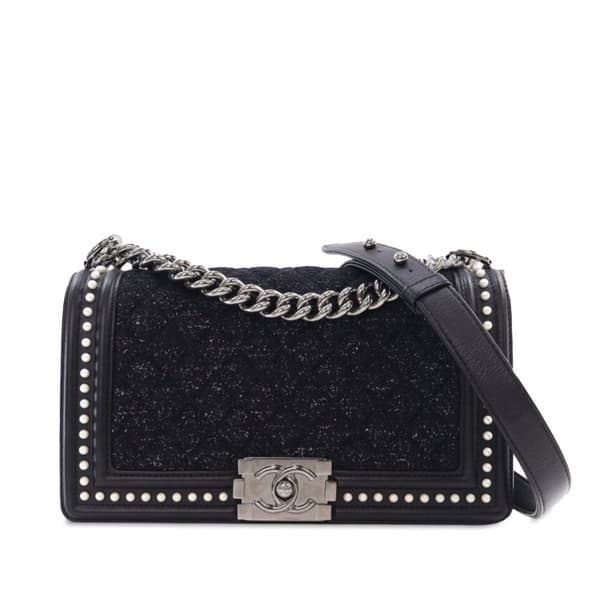Pre-owned Chanel Old Medium Quilted Tweed and Calfskin Pearl Boy Flap Black