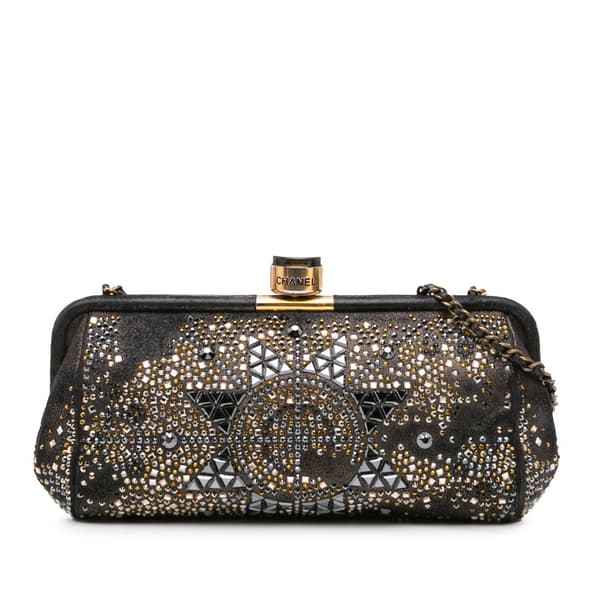 Pre-owned Chanel CC Glitter Lambskin Studded Frame Clutch on Chain Black