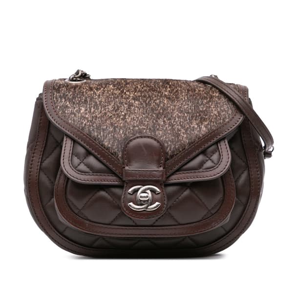 Pre-owned Chanel Paris-Salzburg Quilted Lambskin and Pony Hair Saddle Crossbody Brown