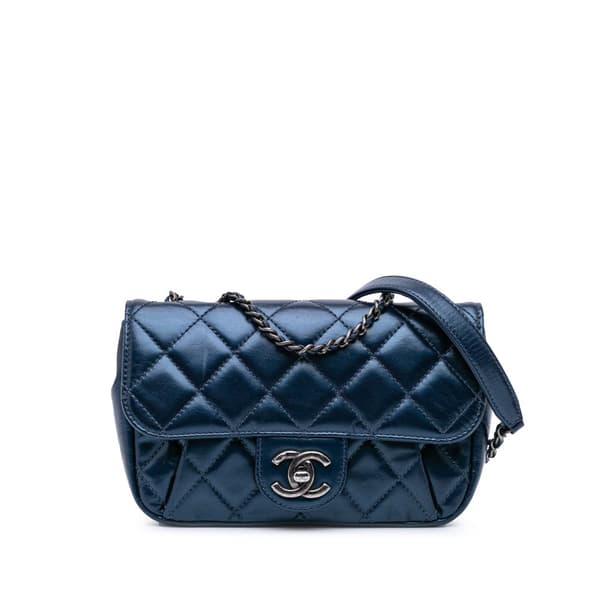 Pre-owned Chanel Mini Quilted Calfskin Coco Pleats Chain Flap Blue