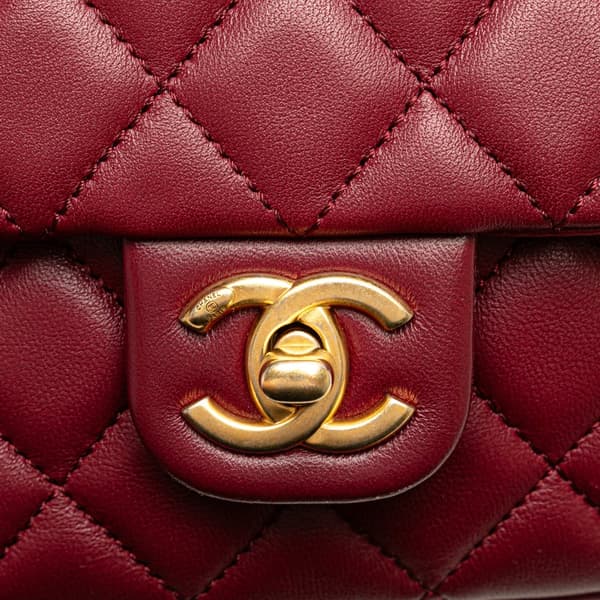 Pre-owned Chanel Mini Square Lambskin Coco Heart Chain Flap Red
