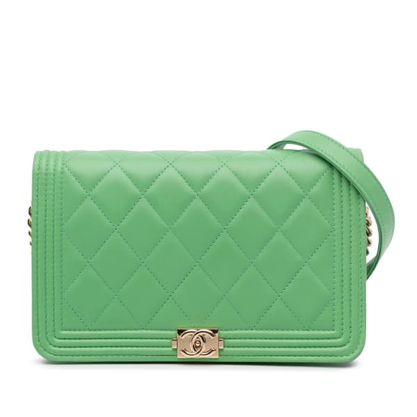 Pre-owned Chanel Lambskin Boy Wallet On Chain Green