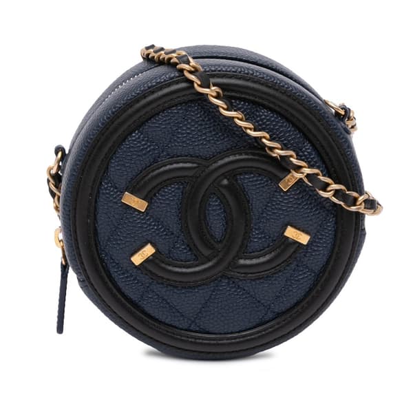 Pre-owned Chanel Caviar CC Filigree Round Crossbody Bag Blue