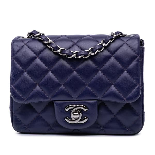 Pre-owned Chanel Mini Square Classic Lambskin Single Flap Blue