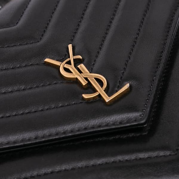 Pre-owned Saint Laurent Lambskin Chevron Monogram Double Flap Crossbody Black