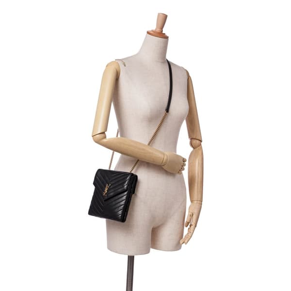 Pre-owned Saint Laurent Lambskin Chevron Monogram Double Flap Crossbody Black