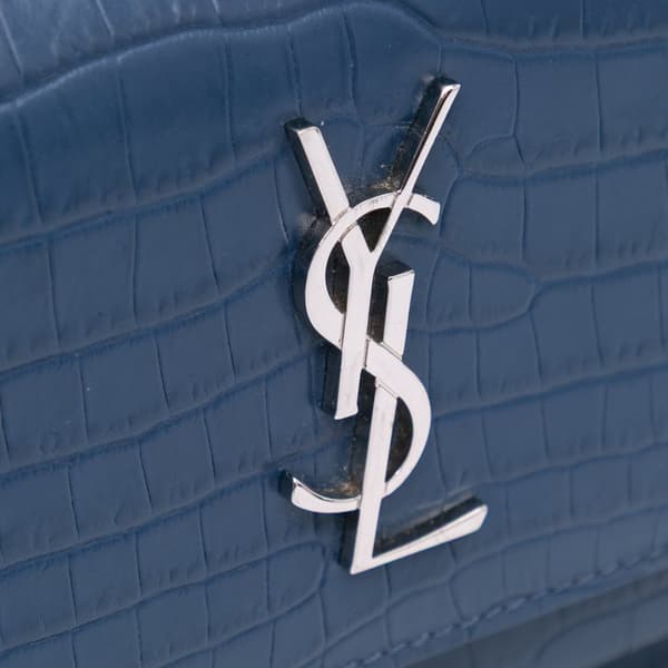 Pre-owned Saint Laurent Croc Embossed Sunset Wallet On Chain Blue