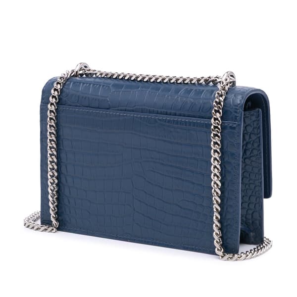 Pre-owned Saint Laurent Croc Embossed Sunset Wallet On Chain Blue
