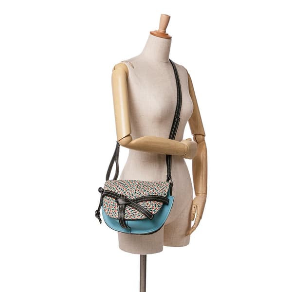 Pre-owned LOEWE Small Raffia and Calfskin Gate Crossbody Blue