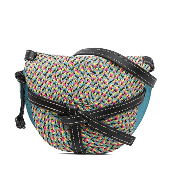 Pre-owned LOEWE Small Raffia and Calfskin Gate Crossbody Blue