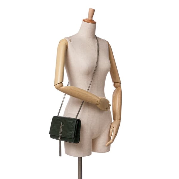 Pre-owned Saint Laurent Medium Croc Embossed Leather Kate Tassel Crossbody Green