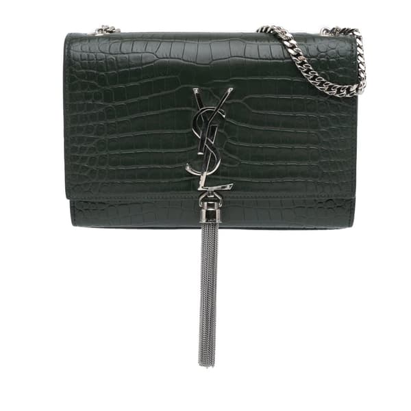 Pre-owned Saint Laurent Medium Croc Embossed Leather Kate Tassel Crossbody Green