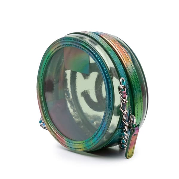 Pre-owned Chanel PVC and Metallic Lambskin CC Filigree Round Clutch with Chain Green