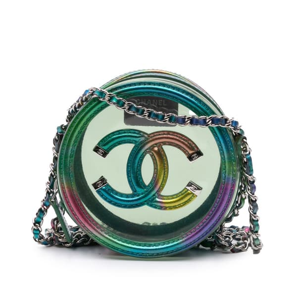 Pre-owned Chanel PVC and Metallic Lambskin CC Filigree Round Clutch with Chain Green