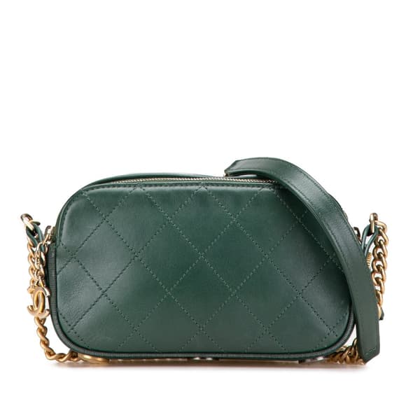 Pre-owned Chanel Stitched Calfskin and Grosgrain Button Up Double Zip Camera Bag Green