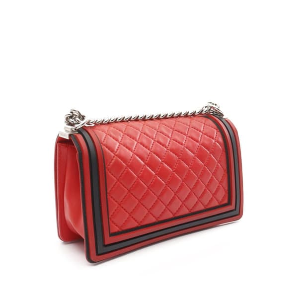 Pre-owned Chanel Old Medium Bicolor Quilted Lambskin and Rubber Boy Flap Red