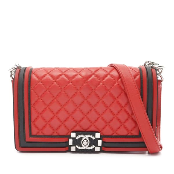 Pre-owned Chanel Old Medium Bicolor Quilted Lambskin and Rubber Boy Flap Red